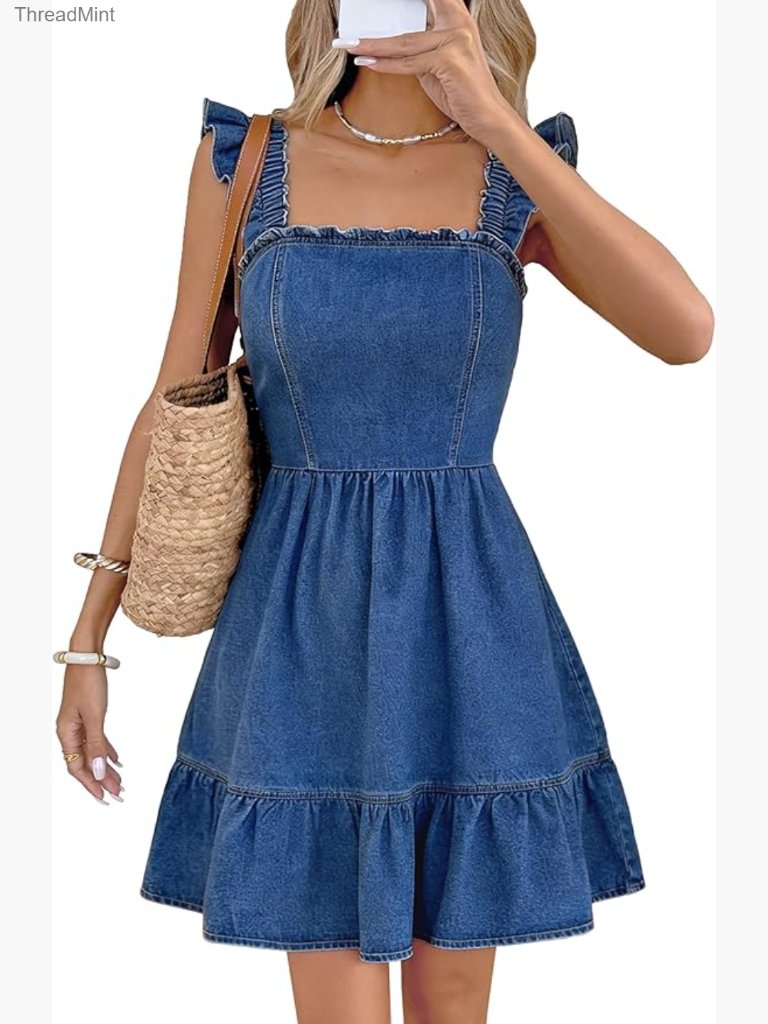Denim Babydoll Dress Square Neck Ruffle Straps Tiered Flounce A-Line